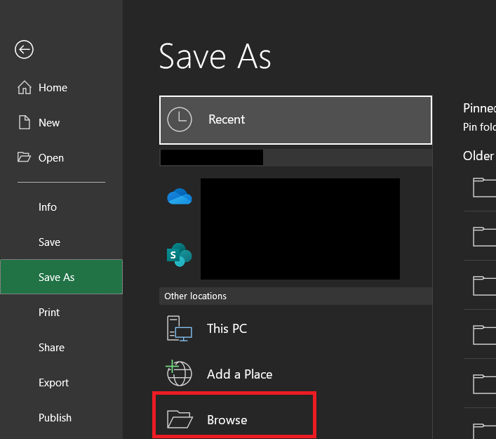 Screenshot showing save as menu in Microsoft Excel