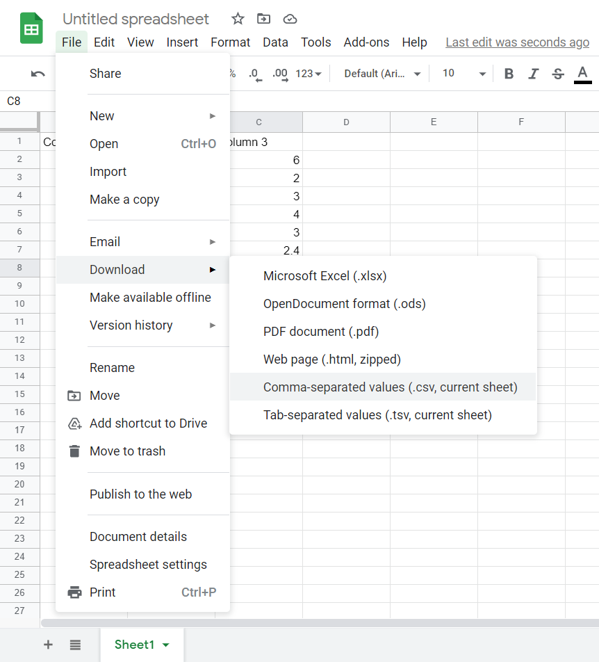 Screenshot showing menus used to export CSV file from Google Sheets