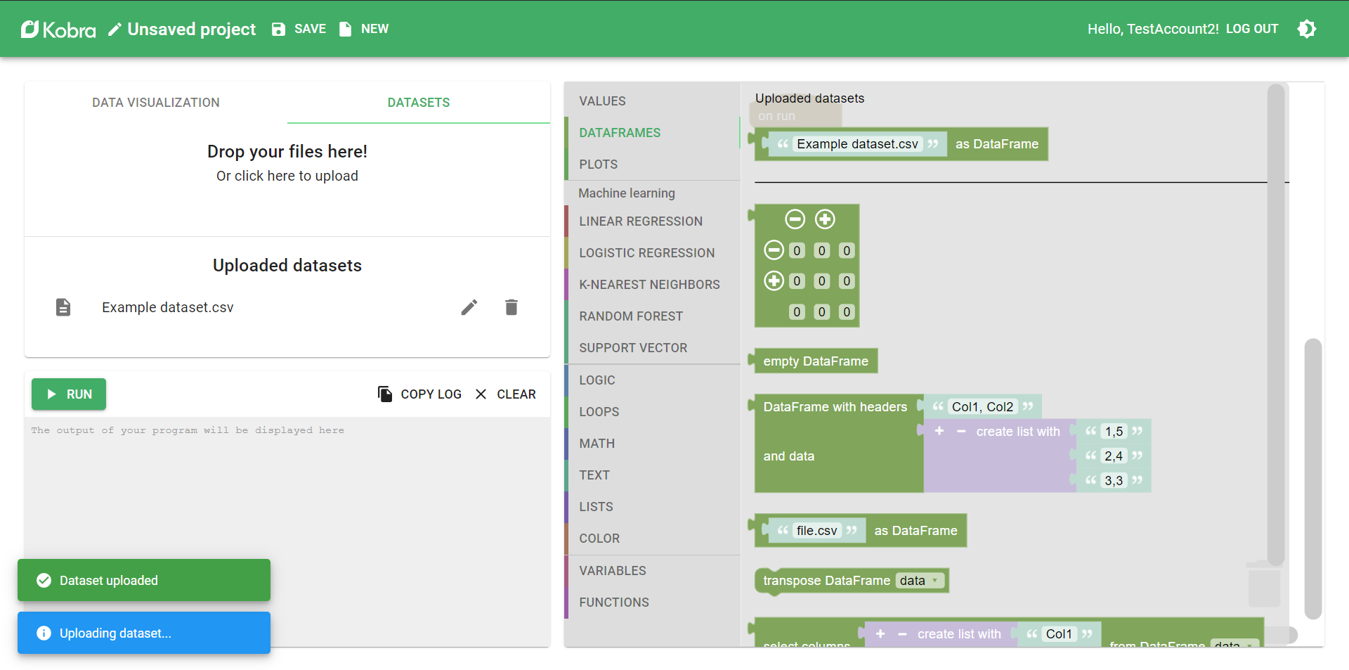 Screenshot showing full Kobra UI, with a dataset showing in the Datasets panel and the DataFrames tab of the toolbox open, with an as DataFrame block at the top in a section labeled Uploaded datasets